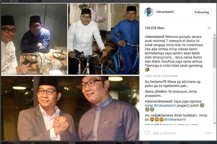 Wali Kota Bandung Ridwan Kamil (baju biru dan kanan bawah) berpose bersama Malik, seseorang yang mirip dengannya.| Instagram Ridwan Kamil