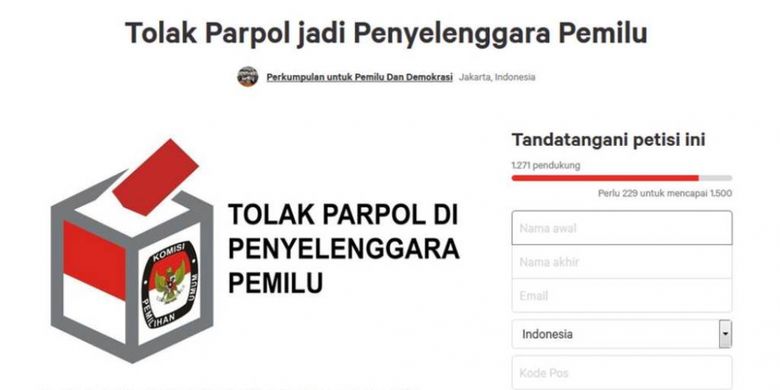Petisi menolak perwakilan partai politik masuk menjadi anggota Komisi Pemilihan Umum yang masuk dalam laman Change.org.