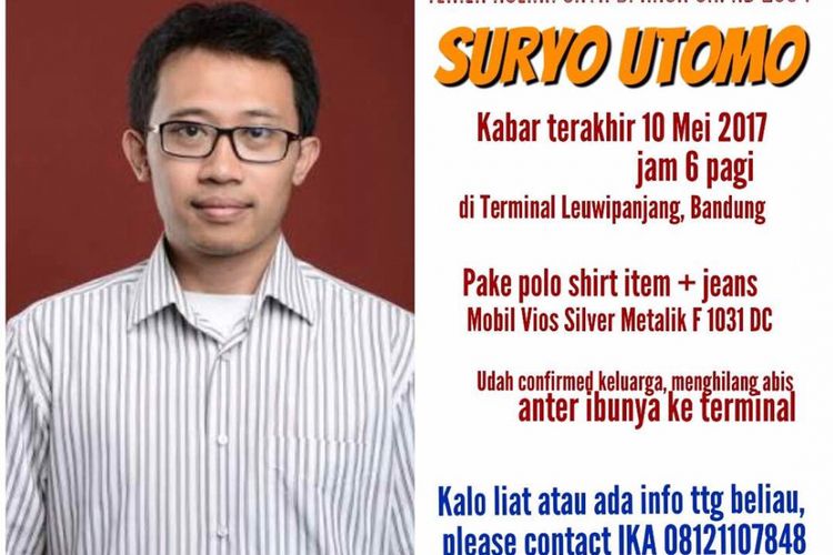 Suryo Utomo, dosen Sekolah Bisnis dan Manajemen, Institut Teknologi Bandung (ITB) dilaporkan hilang sejak Rabu (10/5/2017).