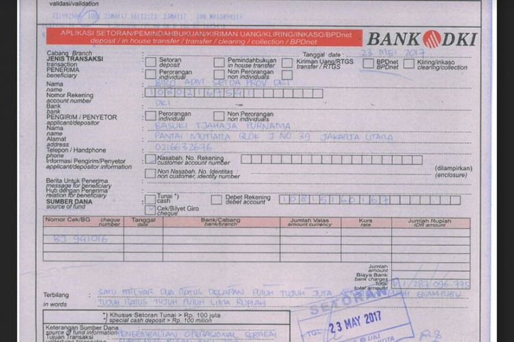 Bukti pengembalian biaya penunjang operasional sebanyak Rp 1,2 miliar yang dikirimkan Basuki Tjahaja Purnama (Ahok) kepada Pemprov DKI Jakarta.