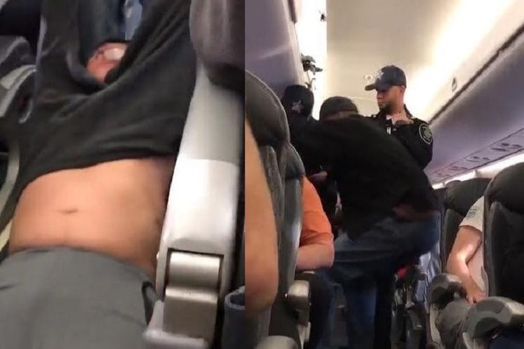 Foto-foto yang diunggah penumpang United Airlines rute Chicago-Kentucky ke media sosial Twitter ini memperlihatkan perilaku kasar petugas keamanan bandara di Chicago saat menyeret seorang penumpang.| Telegraph