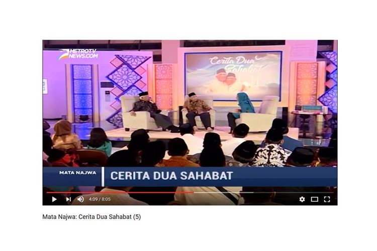 Quraish Shihab dan Mustofa Bisri atau biasa disapa Gus Mus, mengungkapkan kisah persahabatan mereka pada acara Mata Najwa Cerita Dua Sahabat, yang ditayangkan Metro TV, Rabu (21/6/2017) malam.