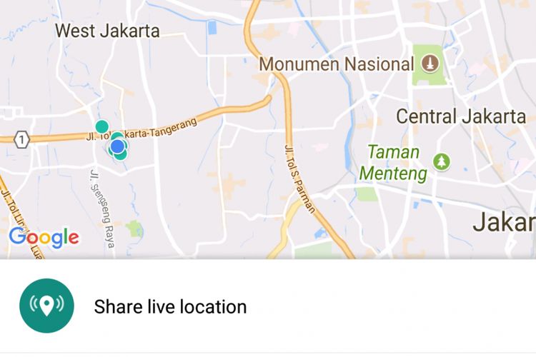 Menu Live Location di WhatsApp untuk berbagi lokasi secara langsung atau real time dalam waktu tertentu.