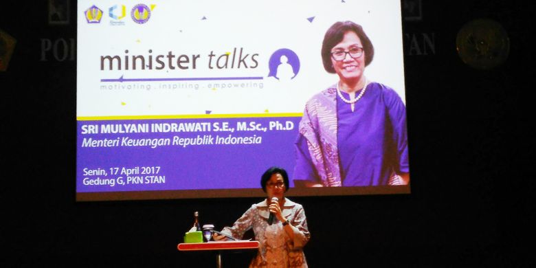 Menteri Keuangan Sri Mulyani Indrawati menjadi pembicara dalam acara kuliah umum di Politeknik Sekolah Tinggi Akutansi Negara (STAN), Bintaro, Tangerang Selatan, Banten, Senin (17/4/2017).