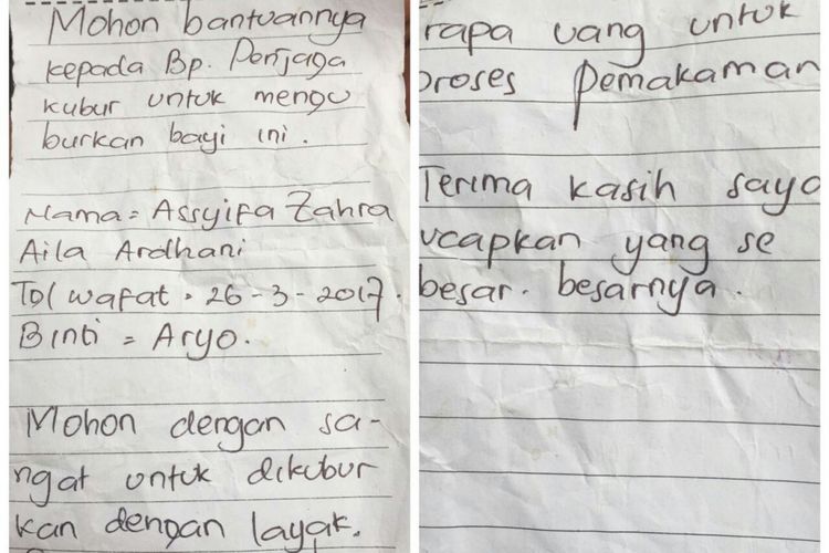 Surat wasiat yang dimasukkan dalam tas berisi orok bayi