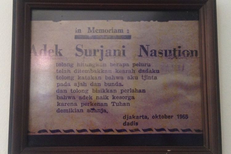 
Puisi untuk mengenang Ade Irma Suryani Nasution di Museum DR. A.H Nasution, Jakarta, Selasa (26/9/2017)(KOMPAS.COM/Wienda Putri Novianty)