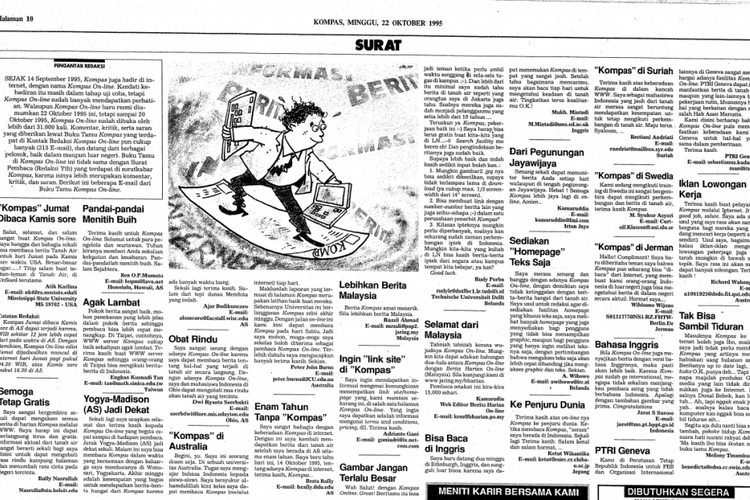 Sambutan pembaca atas hadirnya Kompas Online yang dimuat di rubrik Surat Pembaca, Minggu, 22 Oktober 1995.