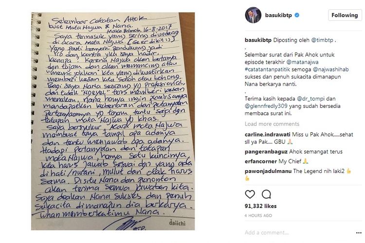 Tulisan tangan mantan Gubernur DKI Jakarta Basuki Tjahaja Purnama atau Ahok yang diunggah di akun Instagram @basukibtp.