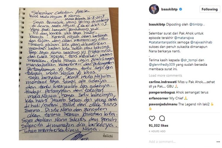 Dari Mako Brimob, Ahok Tulis Selembar Surat untuk Najwa Shibab