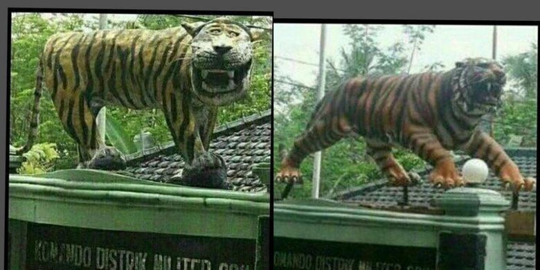 Patung harimau lucu (kiri) di Koramil Cisewu, Garut, Jawa Barat. Patung tersebut sudah diganti dengan yang baru (kanan).