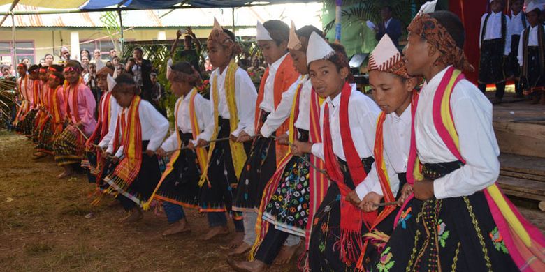Para penari mulai menarik tali sambil bernyanyi dalam tradisi Umbiro pada perayaan pesta ke-54 tahun Sekolah Dasar Katolik Waekekik, Desa Ranakolong, Kota Komba, Manggarai Timur, Flores, NTT, Selasa (1/8/2017). 