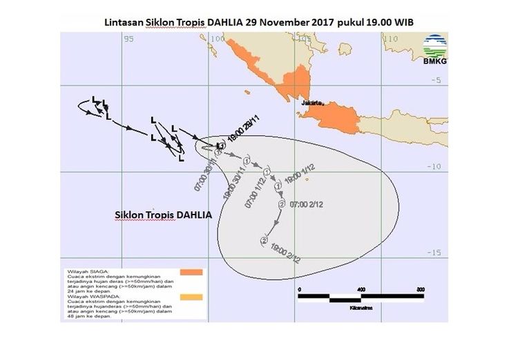 Lintasan siklon tropis Dahlia pada 29 Npvember 2017 pukul 19.00