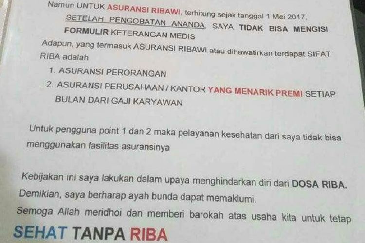 Pengumuman penolakan pasien karena riba.