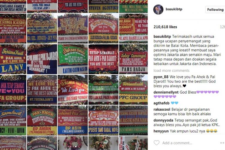 Gubernur DKI Jakarta Basuki Tjahaja Purnama (Ahok) mengucapkan terima kasih atas kiriman karangan bunga melalui akun Instagram @basukibtp. Karangan bunga dari pendukung untuk Ahok dan wakilnya, Djarot Saiful Hidayat ini menghiasi Balai Kota DKI, Jakarta Pusat, Selasa (25/4/2017).