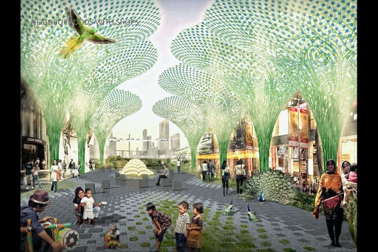 Gambaran lingkungan dan pusat belanja dalam konsep reklamasi Jakarta Jaya: The Green Manhattan.