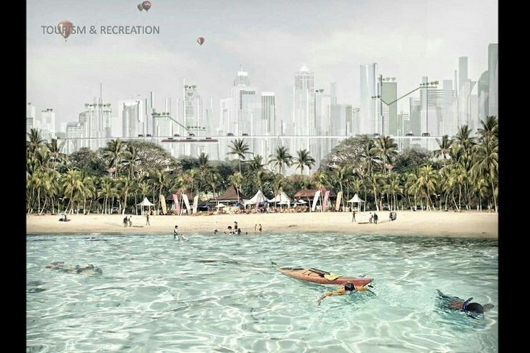 Pariwisata pantai berdampingan langsung dengan lanskap kota dalam konsep reklamasi Jakarta Jaya: The Green Manhattan.