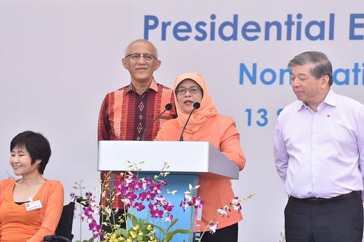 Presiden terpilih Singapura Halimah Yacob menyampaikan pidato kemenangannya, Rabu (13/9/2017).