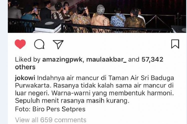 Postingan Presiden RI Jokowi tentang Air Mancur Sri Baduga di media sosial.